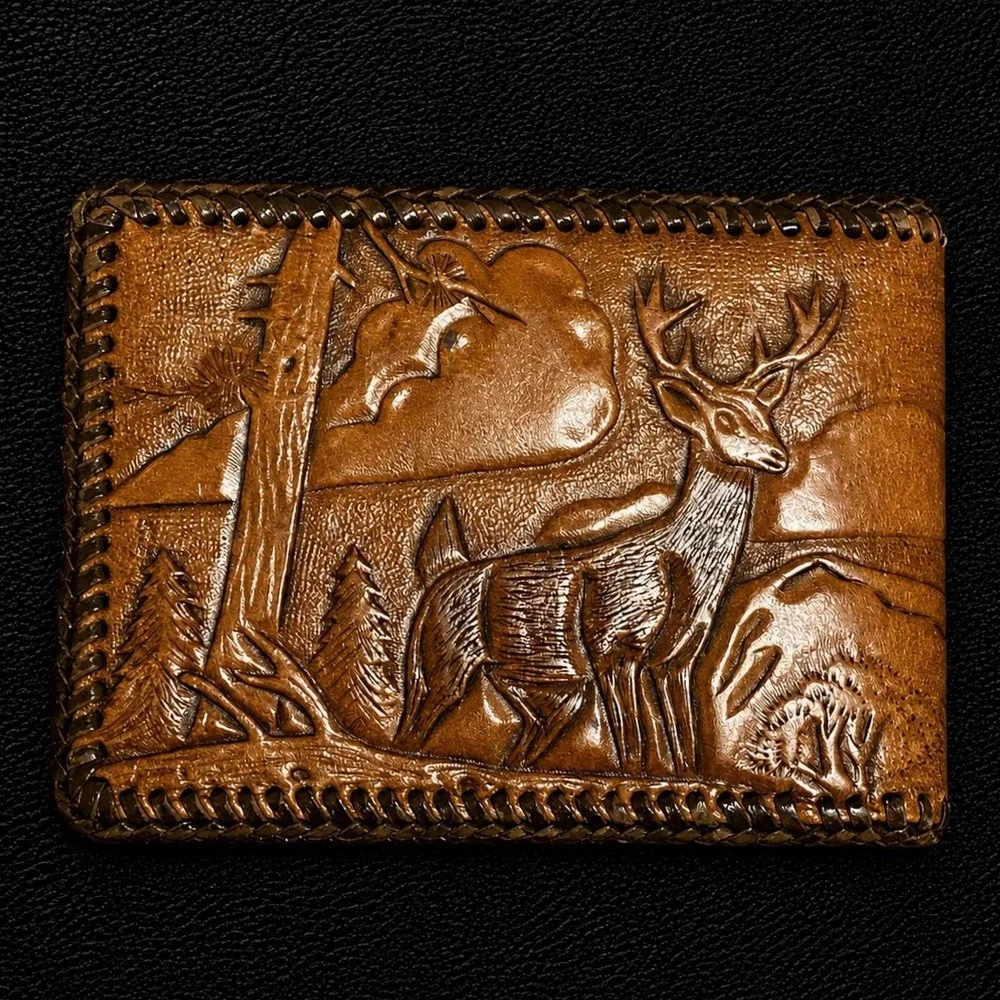 Vintage Handmade Tooled Leather Bifold Wallet Chuck Western Deer Buck Forest
